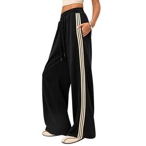 Wide Leg Track Pants with Contrast Side Stripes - Black